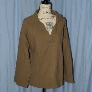 Earthy Cotton Pull-Over Peasant Bell-Sleeve Top Blouse Neutral Color Collared 1X